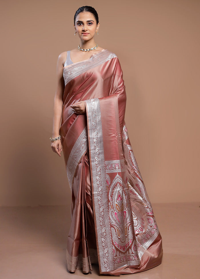 Peach Handloom Banarasi Pure Silk Saree With Blouse Piece