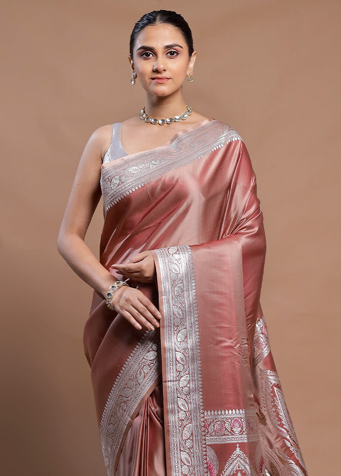 Peach Handloom Banarasi Pure Silk Saree With Blouse Piece