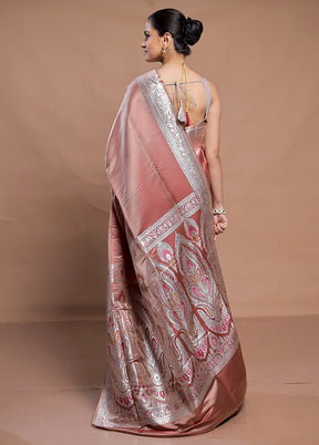 Peach Handloom Banarasi Pure Silk Saree With Blouse Piece