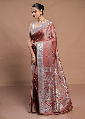 Peach Handloom Banarasi Pure Silk Saree With Blouse Piece