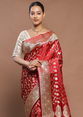 Red Banarasi Silk Saree With Blouse Piece