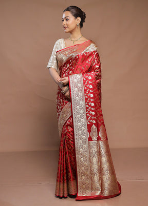 Red Banarasi Silk Saree With Blouse Piece