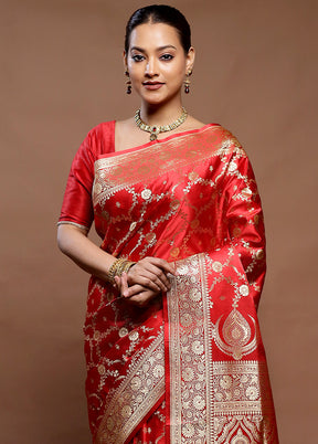 Red Banarasi Silk Saree With Blouse Piece