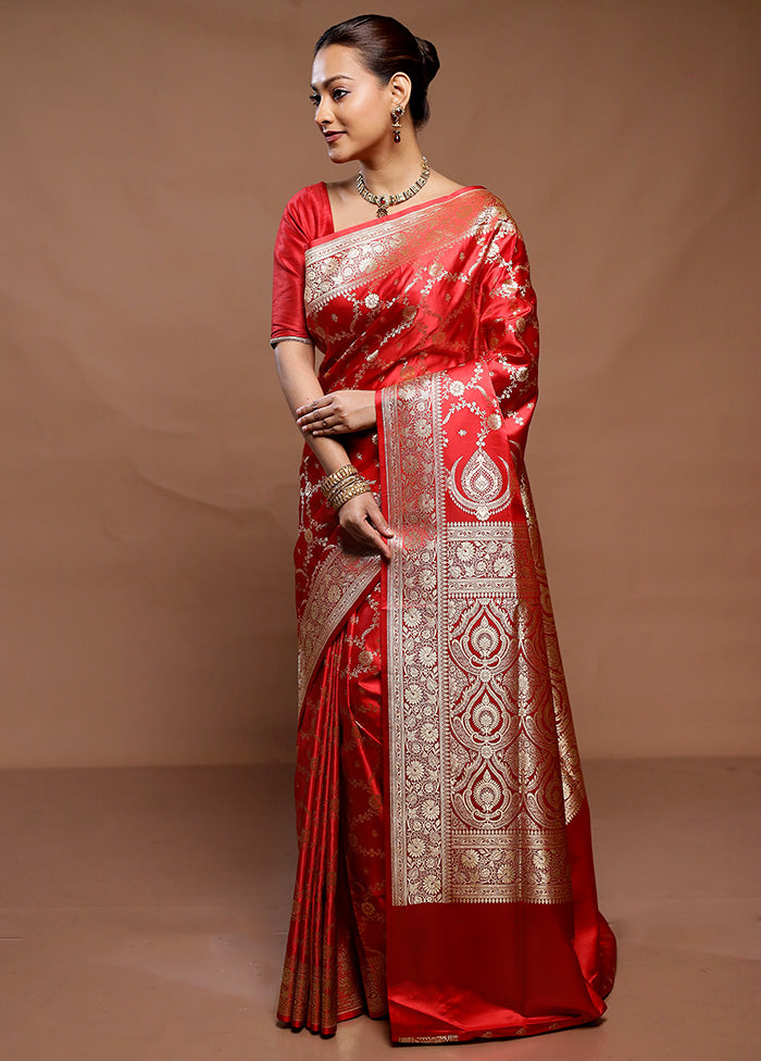 Red Banarasi Silk Saree With Blouse Piece