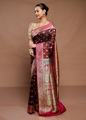 Wine Handloom Tanchoi Pure Silk Saree With Blouse Piece