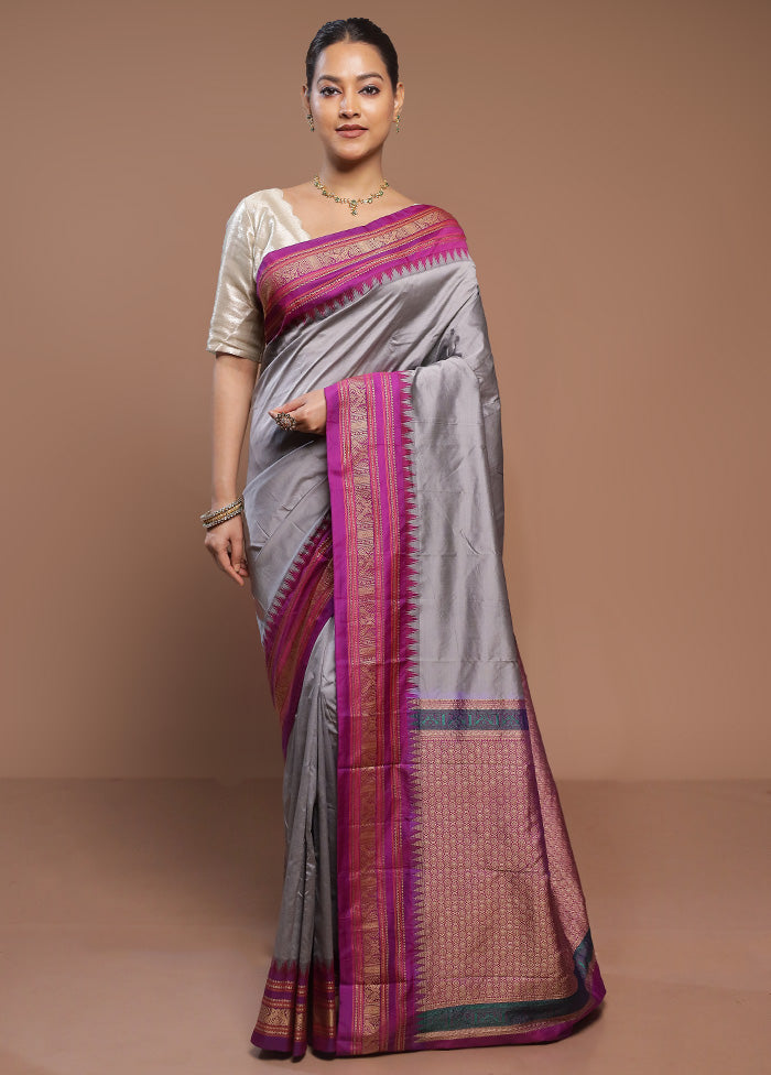 Grey Kanjivaram Silk Saree With Blouse Piece