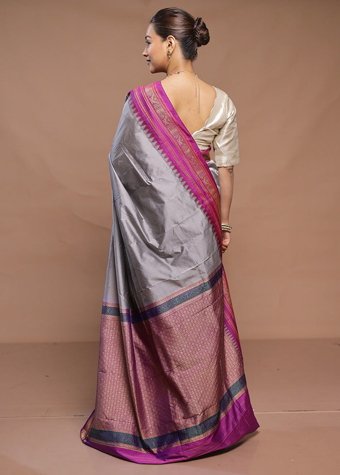 Grey Kanjivaram Silk Saree With Blouse Piece