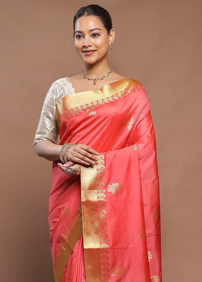 Peach Kanjivaram Silk Saree With Blouse Piece