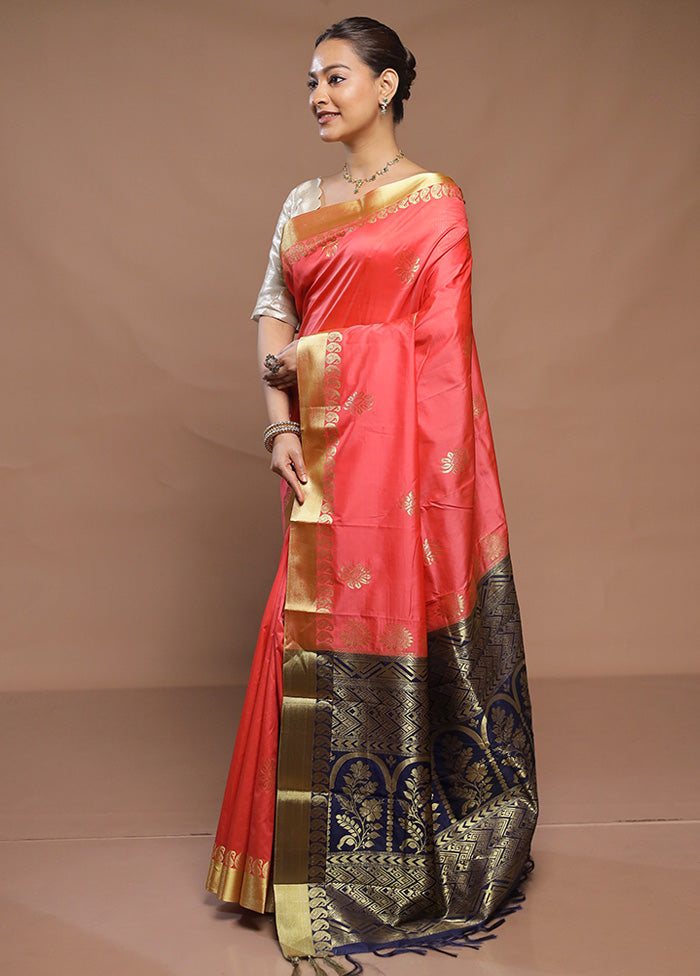 Peach Kanjivaram Silk Saree With Blouse Piece