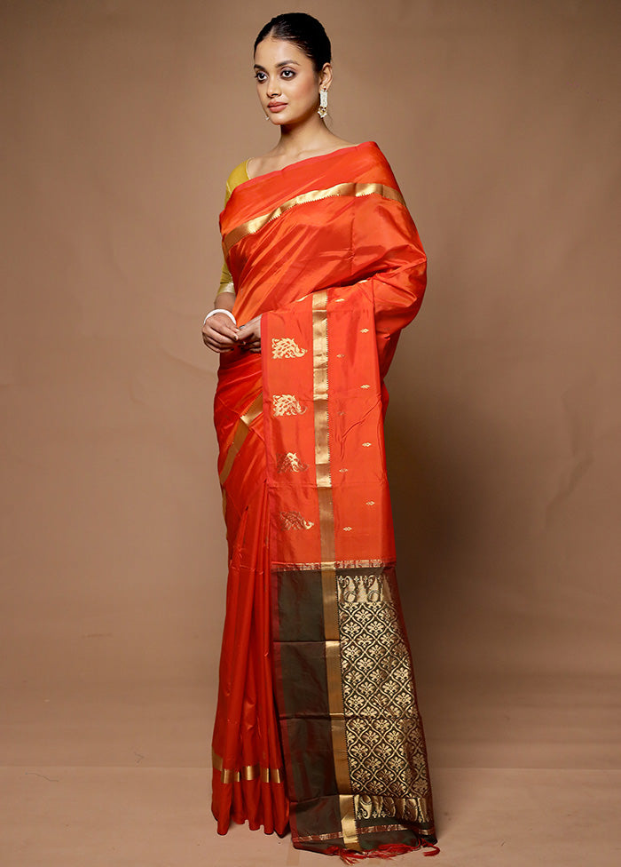 Orange Kanjivaram Silk Saree With Blouse Piece