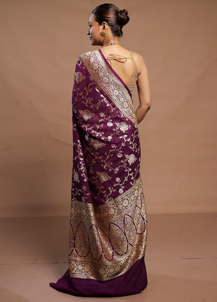 Purple Handloom Pure Georgette Saree With Blouse Piece