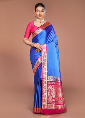 Blue Banarasi Silk Saree With Blouse Piece
