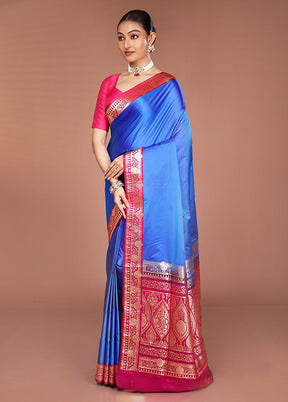Blue Banarasi Silk Saree With Blouse Piece