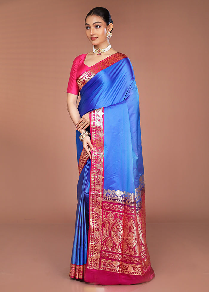 Blue Banarasi Silk Saree With Blouse Piece