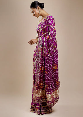 Purple Bandhej Pure Silk Saree Without Blouse Piece
