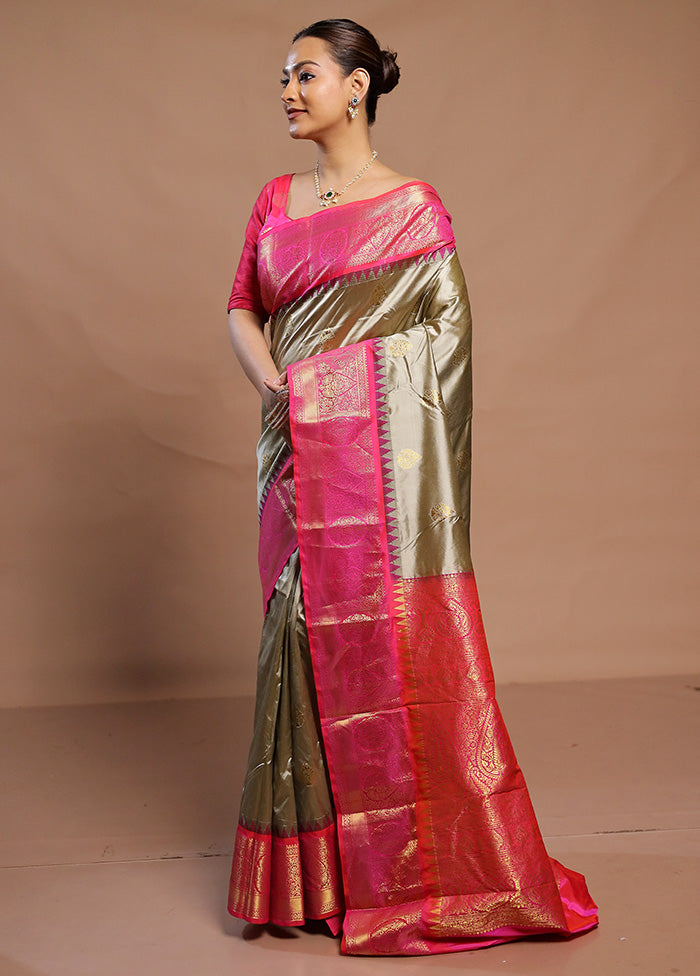 Grey Handloom Kanchipuram Pure Silk Saree With Blouse Piece