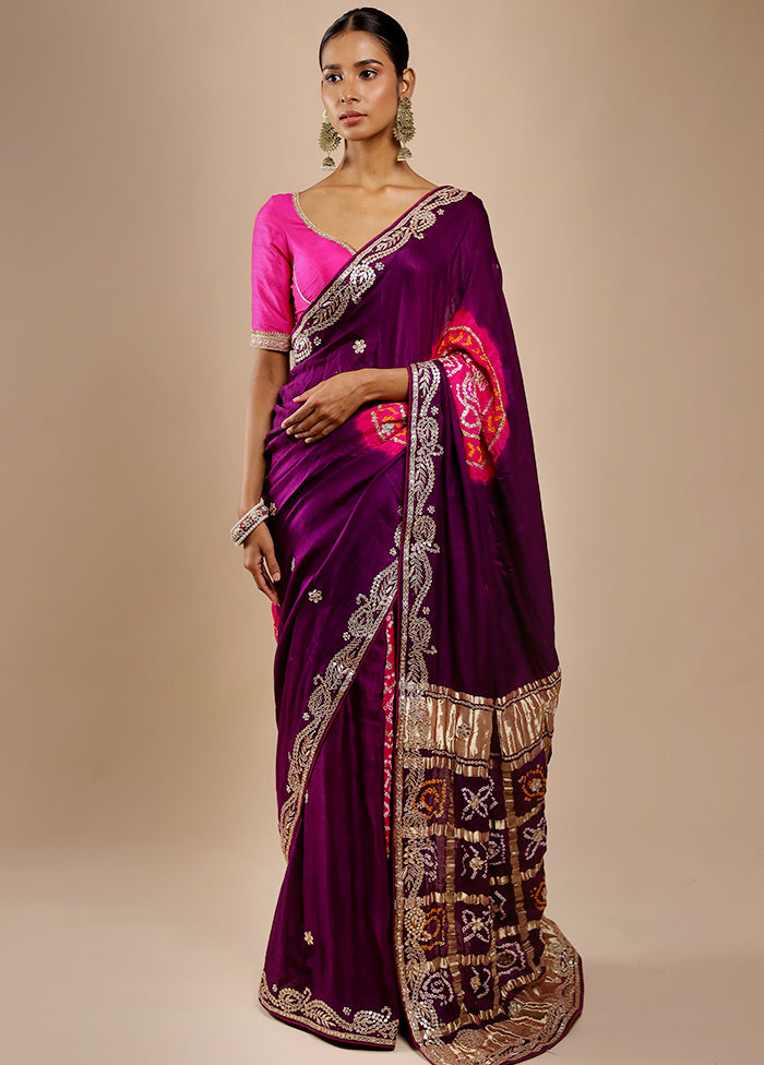 Purple Bandhej Pure Silk Saree Without Blouse Piece