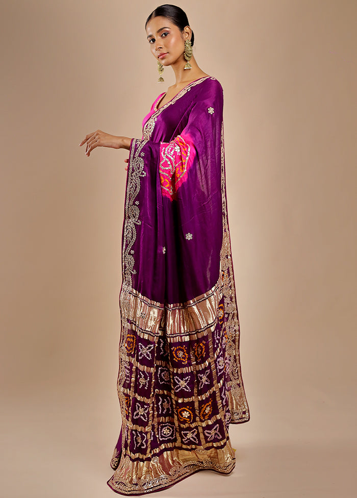 Purple Bandhej Pure Silk Saree Without Blouse Piece