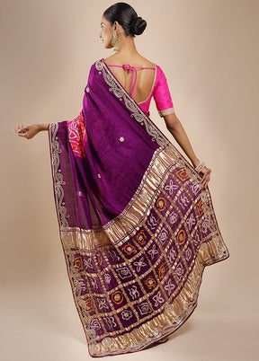 Purple Bandhej Pure Silk Saree Without Blouse Piece
