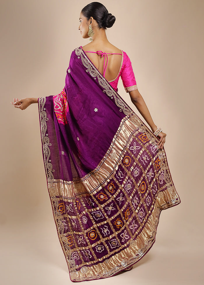 Purple Bandhej Pure Silk Saree Without Blouse Piece