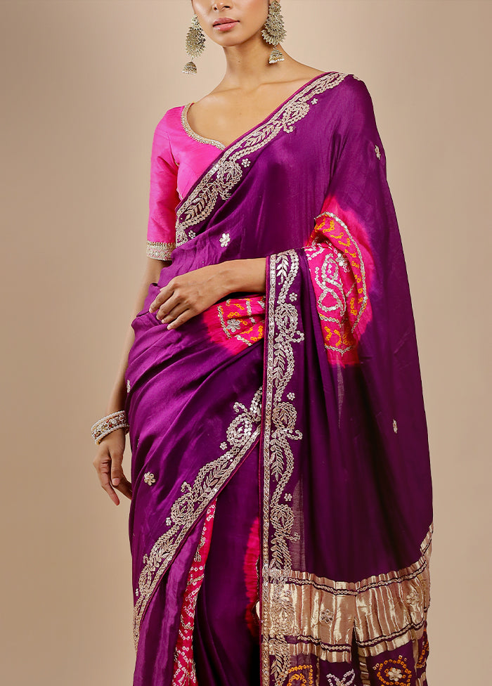 Purple Bandhej Pure Silk Saree Without Blouse Piece