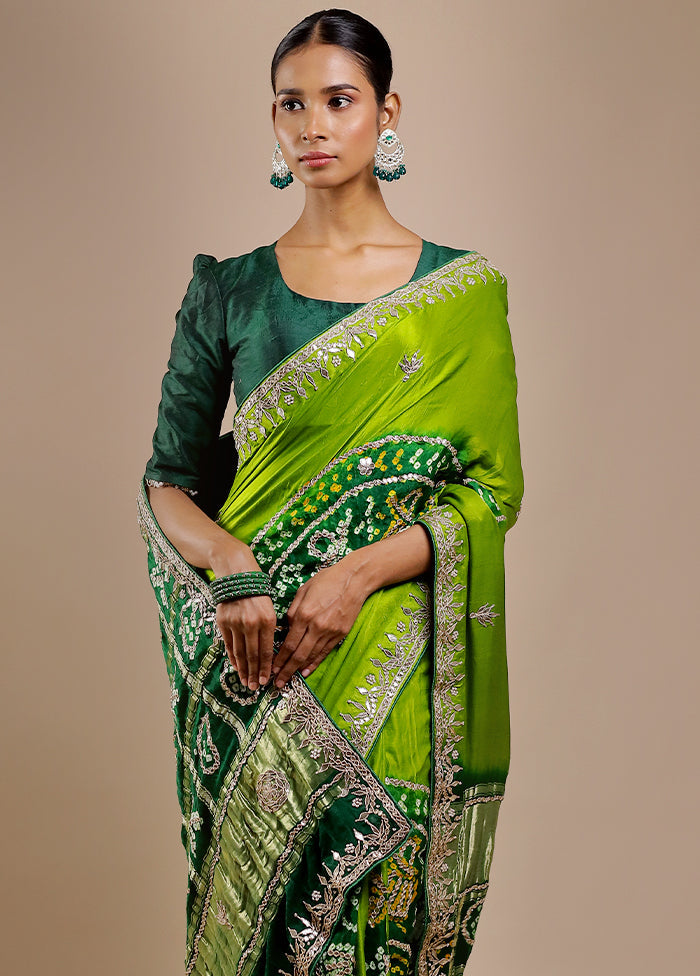 Green Bandhej Pure Silk Saree Without Blouse Piece