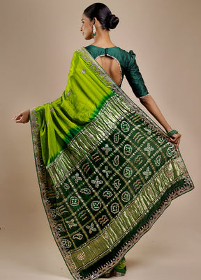 Green Bandhej Pure Silk Saree Without Blouse Piece