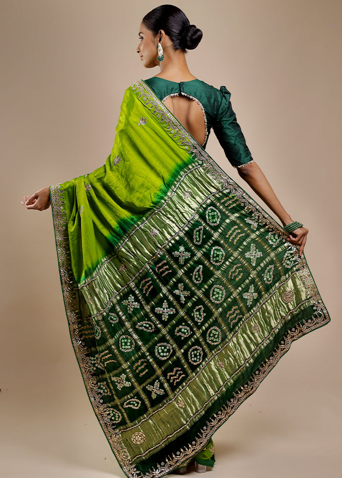 Green Bandhej Pure Silk Saree Without Blouse Piece