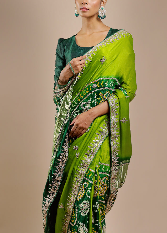 Green Bandhej Pure Silk Saree Without Blouse Piece