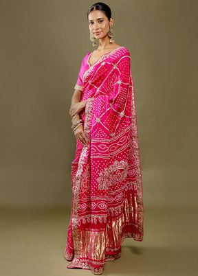 Pink Bandhej Pure Silk Saree Without Blouse Piece