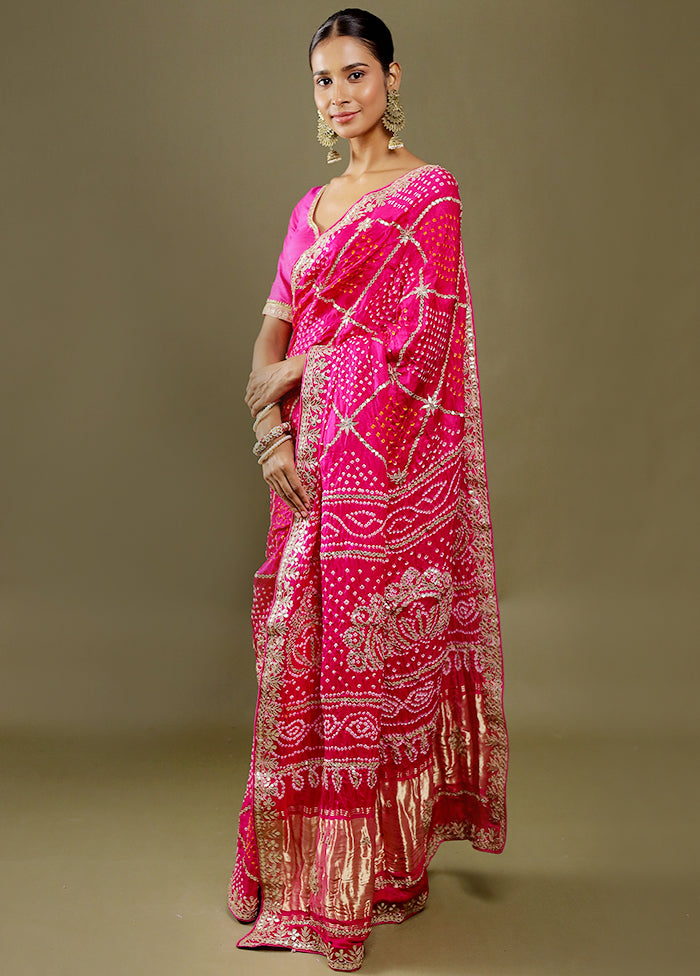 Pink Bandhej Pure Silk Saree Without Blouse Piece