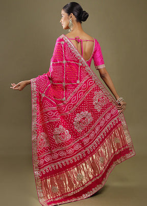 Pink Bandhej Pure Silk Saree Without Blouse Piece