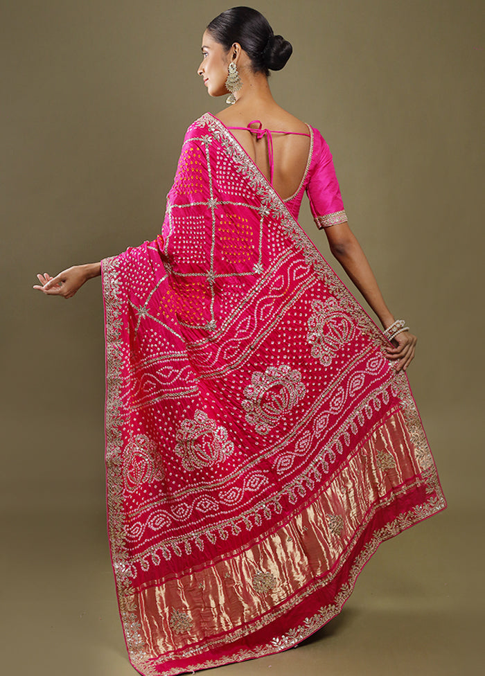 Pink Bandhej Pure Silk Saree Without Blouse Piece