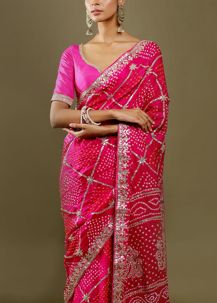 Pink Bandhej Pure Silk Saree Without Blouse Piece