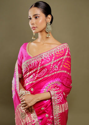 Pink Bandhej Pure Silk Saree Without Blouse Piece