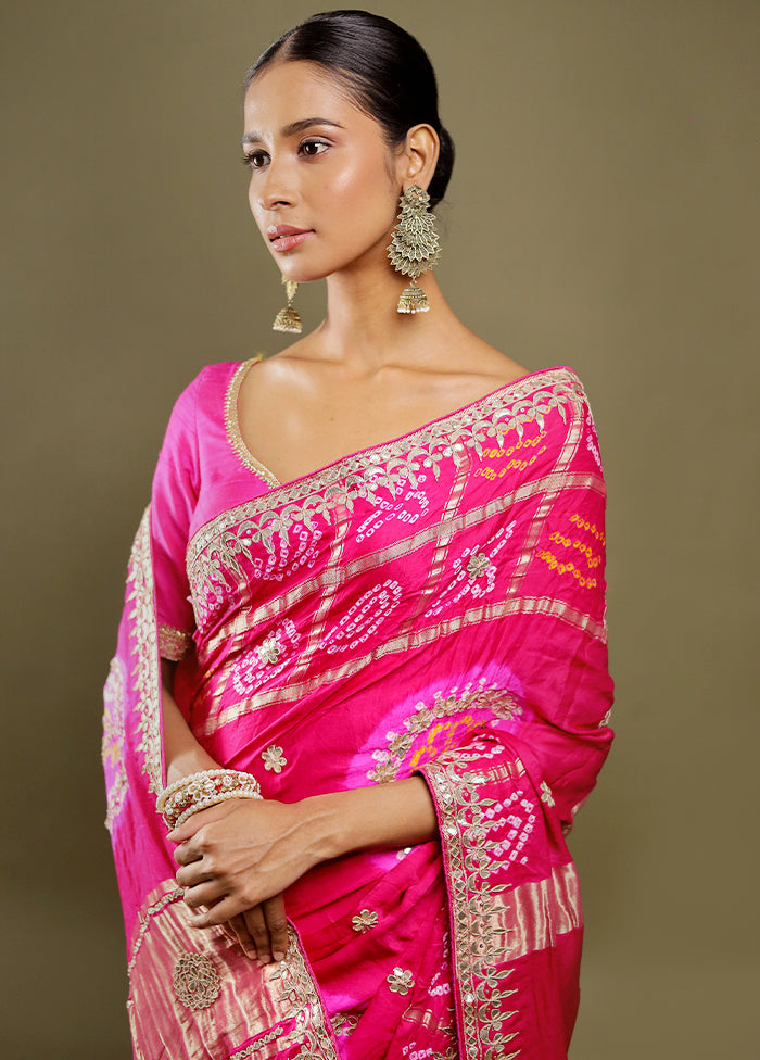 Pink Bandhej Pure Silk Saree Without Blouse Piece
