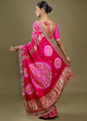 Pink Bandhej Pure Silk Saree Without Blouse Piece
