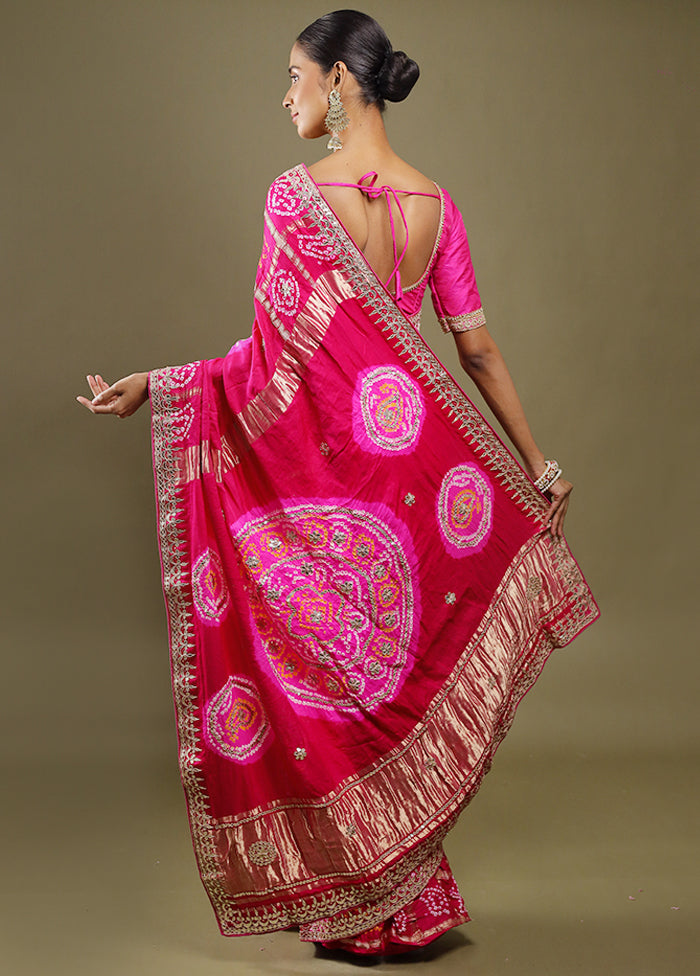 Pink Bandhej Pure Silk Saree Without Blouse Piece