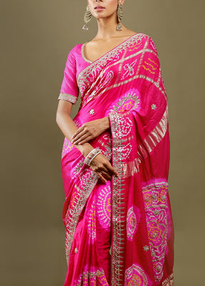 Pink Bandhej Pure Silk Saree Without Blouse Piece