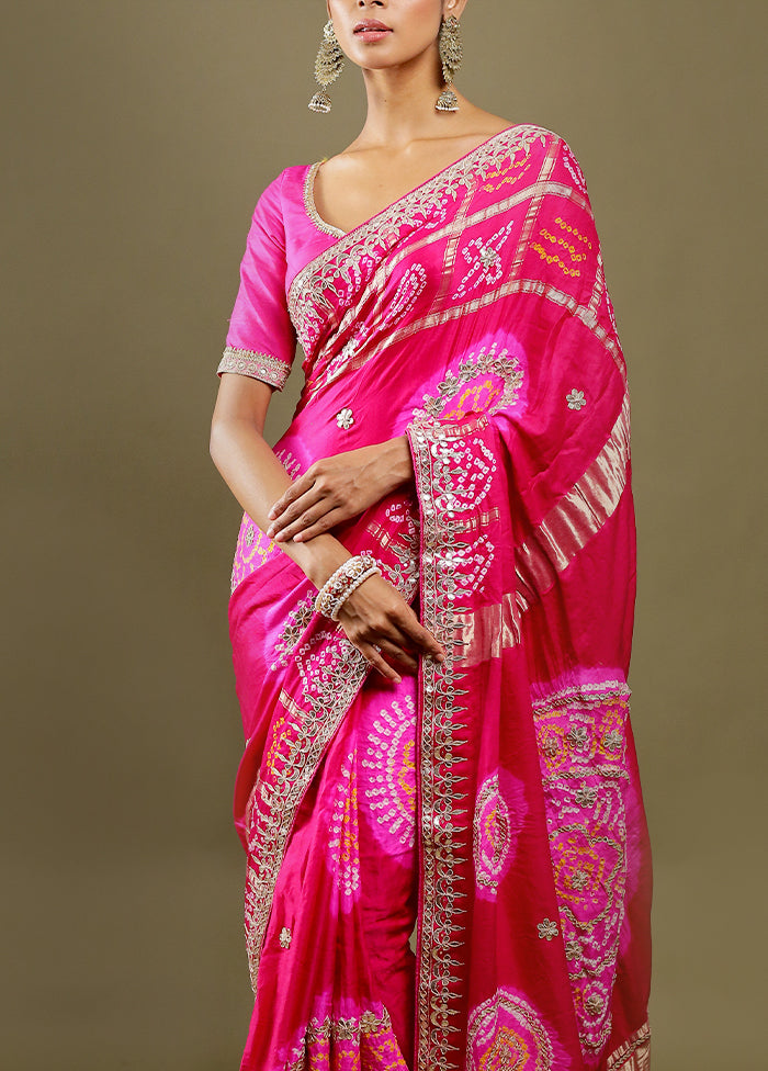 Pink Bandhej Pure Silk Saree Without Blouse Piece
