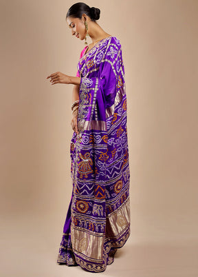 Blue Bandhej Pure Silk Saree Without Blouse Piece