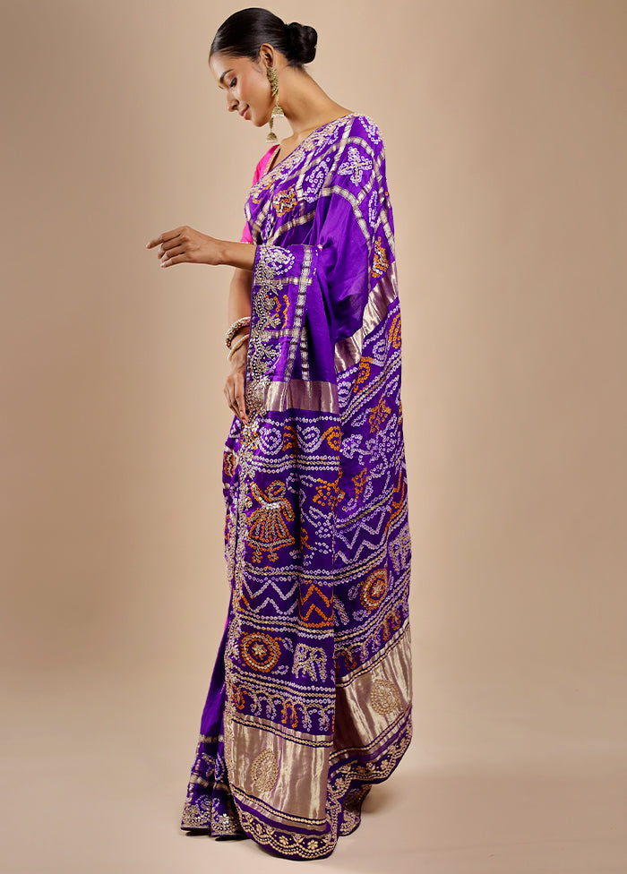 Blue Bandhej Pure Silk Saree Without Blouse Piece