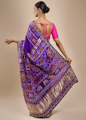 Blue Bandhej Pure Silk Saree Without Blouse Piece