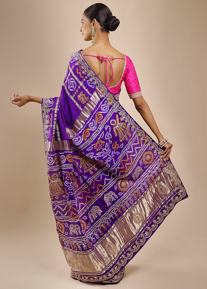 Blue Bandhej Pure Silk Saree Without Blouse Piece