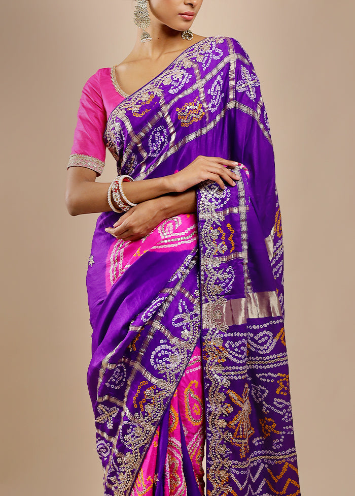 Blue Bandhej Pure Silk Saree Without Blouse Piece