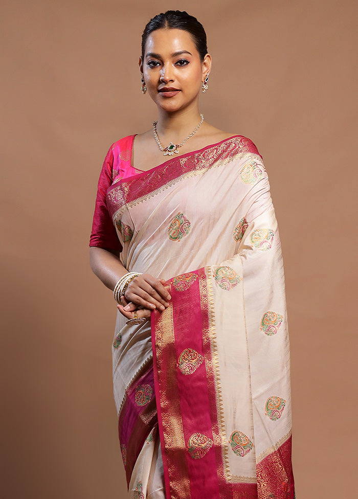 Cream Dupion Silk Saree With Blouse Piece