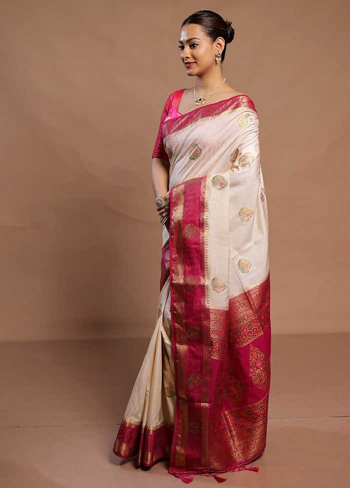 Cream Dupion Silk Saree With Blouse Piece