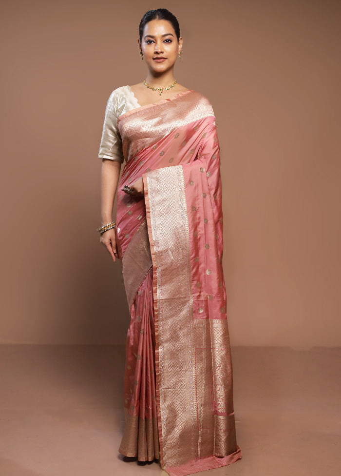 Peach Handloom Katan Pure Silk Saree With Blouse Piece