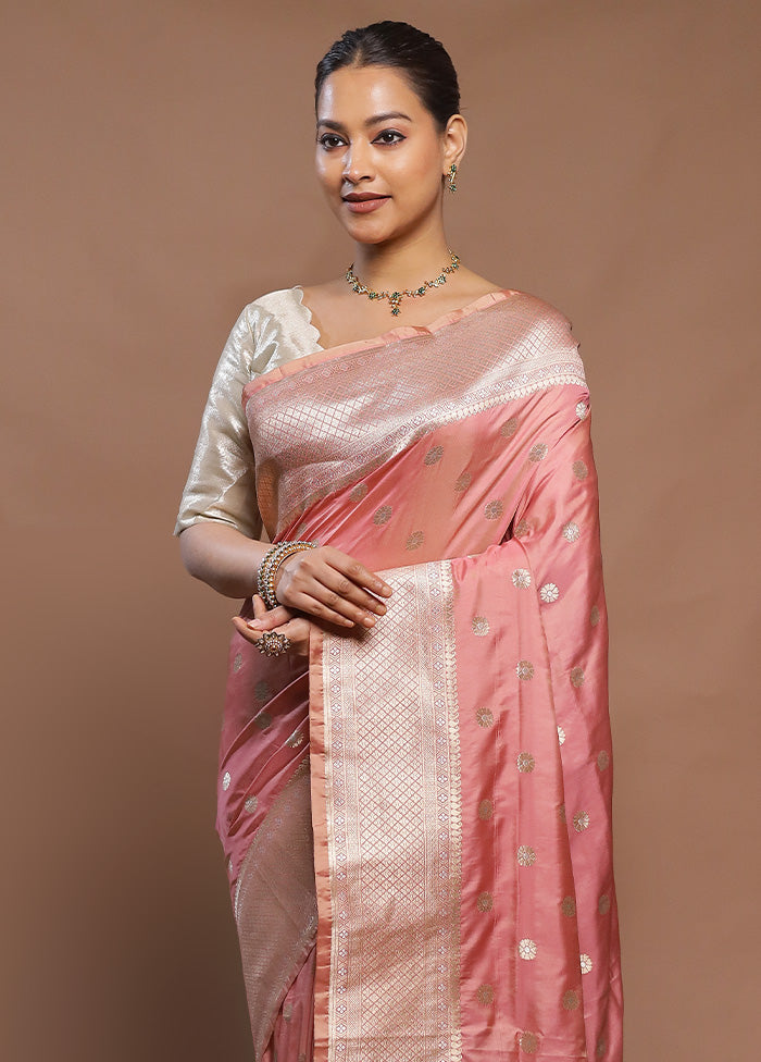 Peach Handloom Katan Pure Silk Saree With Blouse Piece