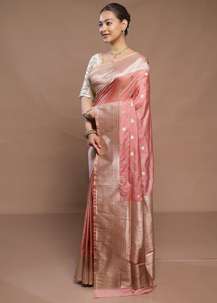 Peach Handloom Katan Pure Silk Saree With Blouse Piece